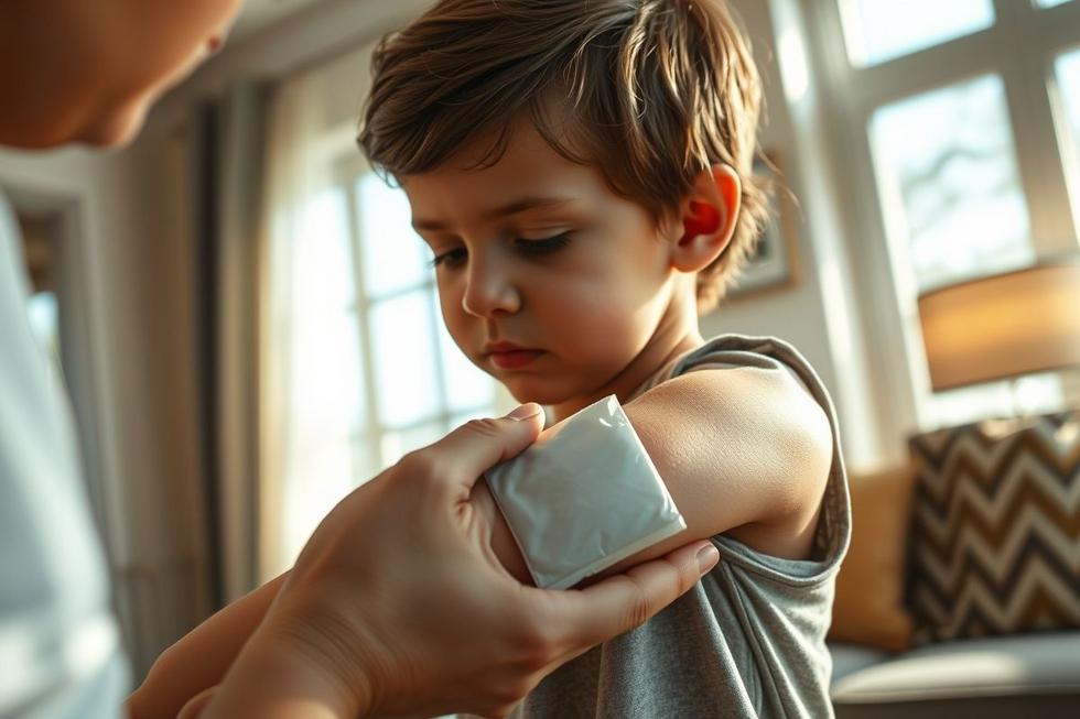 Imagem realista de um adulto aplicando compressa fria no hematoma do braço de uma criança em ambiente aconchegante