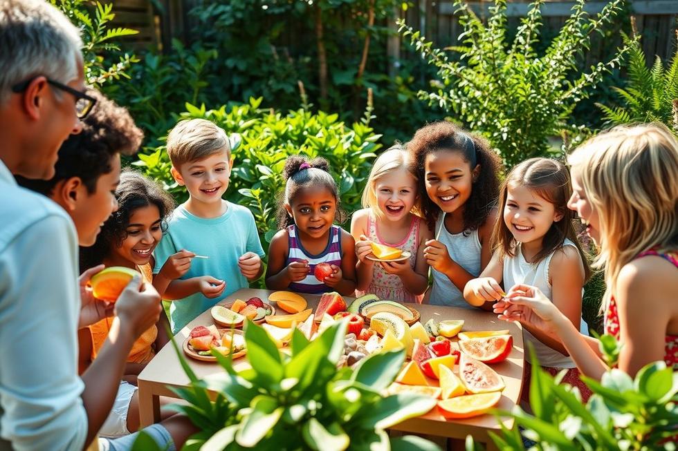 Grupo diversificado de crianças e adolescentes comendo frutas frescas em um jardim ensolarado, promovendo alimentação saudável.