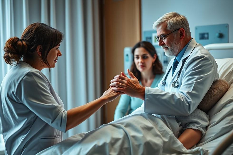 Família cuidando de paciente em hospital enquanto médico explica a condição de choque cardiogênico.