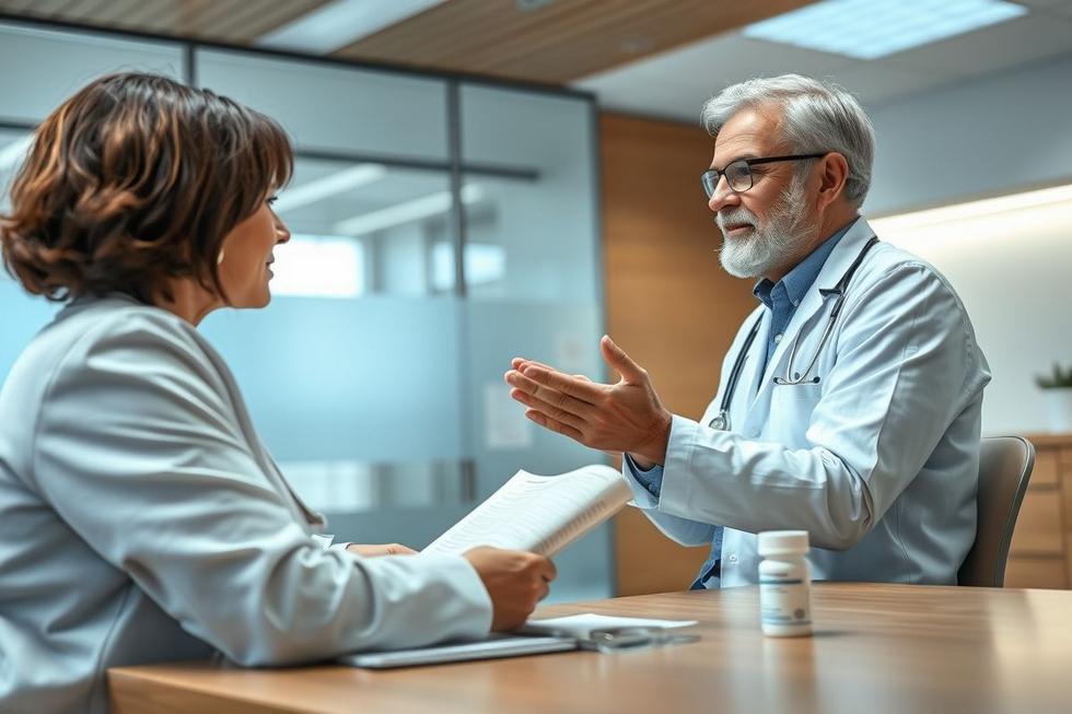 Imagem realista de um paciente recebendo orientações médicas sobre ciprofloxacino em ambiente clínico.