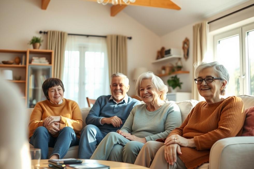 Família sorrindo dentro de casa limpa e iluminada, ambiente livre de poeira.