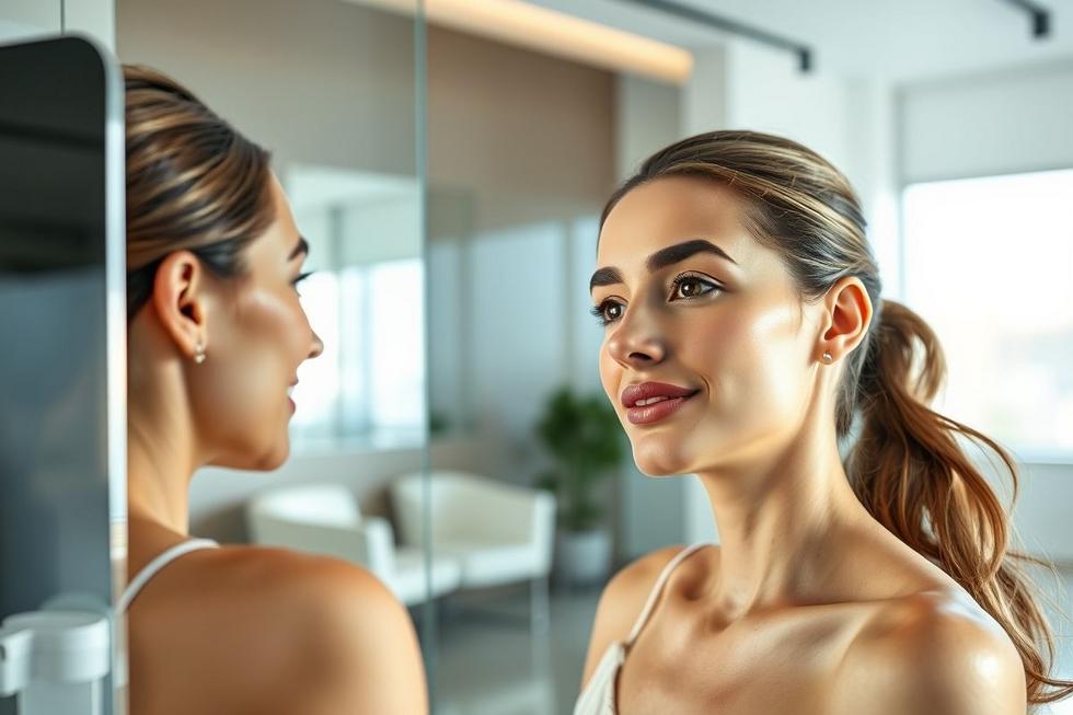 Mulher adulta analisando seu corpo no espelho em ambiente clínico moderno
