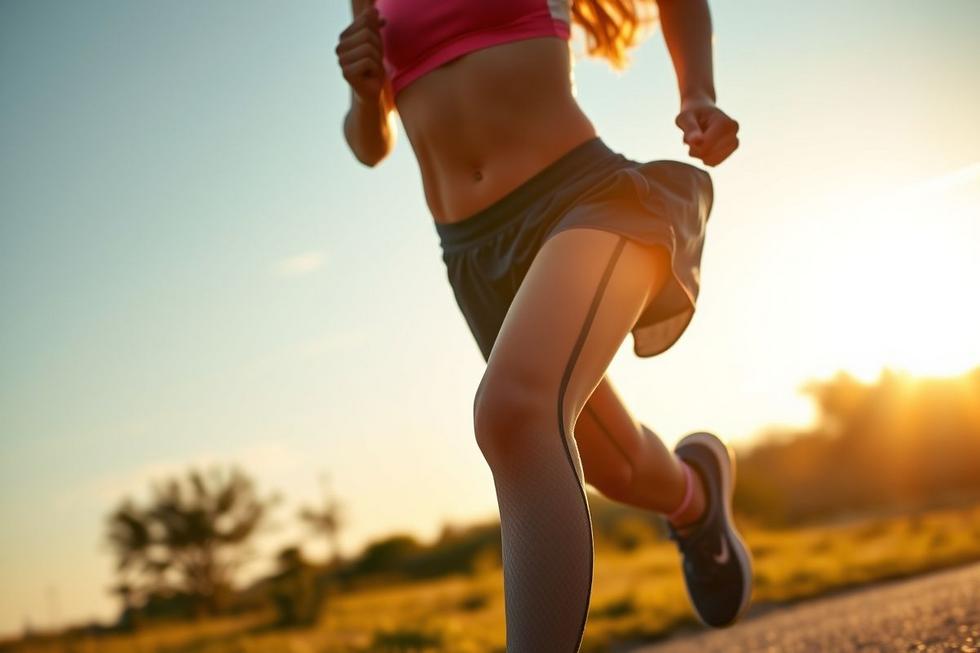 Fotografia realista de pessoa correndo ao ar livre durante o pôr do sol, simbolizando saúde e atividade física.