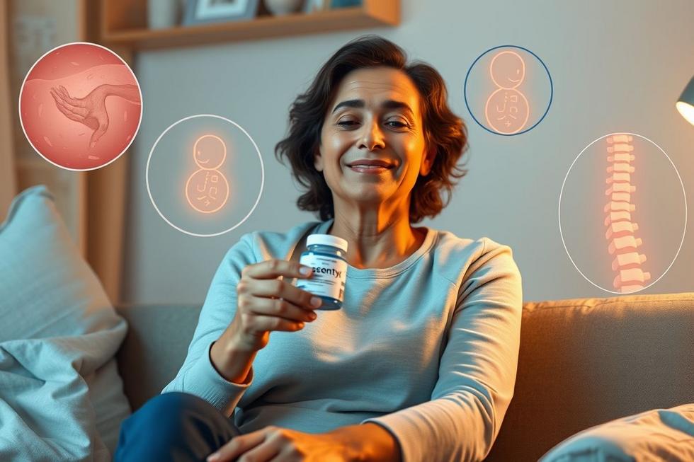 Paciente segurando o medicamento Cosentyx com expressão aliviada e ambiente acolhedor, representando o tratamento eficaz.