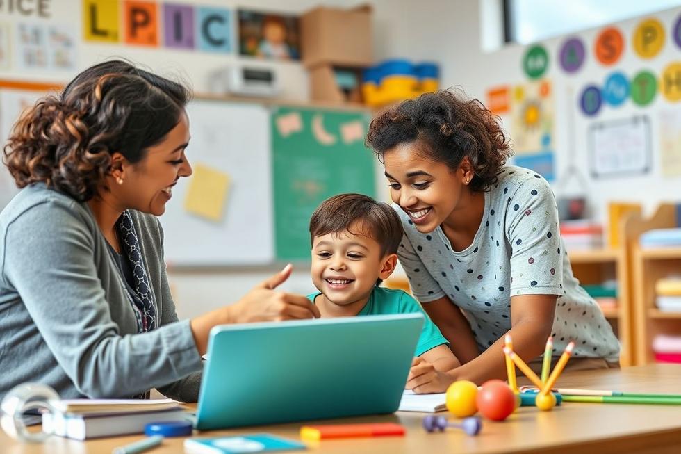 Pai e professora interagindo com criança neurodivergente em sala de aula inclusiva e iluminada.