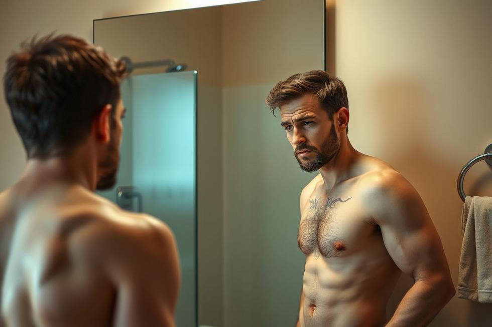 Homem observando o pênis inchado no espelho, simbolizando autocuidado e atenção à saúde sexual.