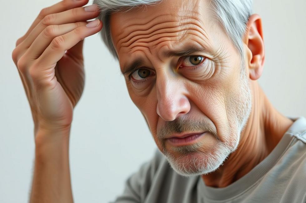 Pessoa com expressão de desconforto segurando a cabeça na região do lado esquerdo, representando dor localizada.