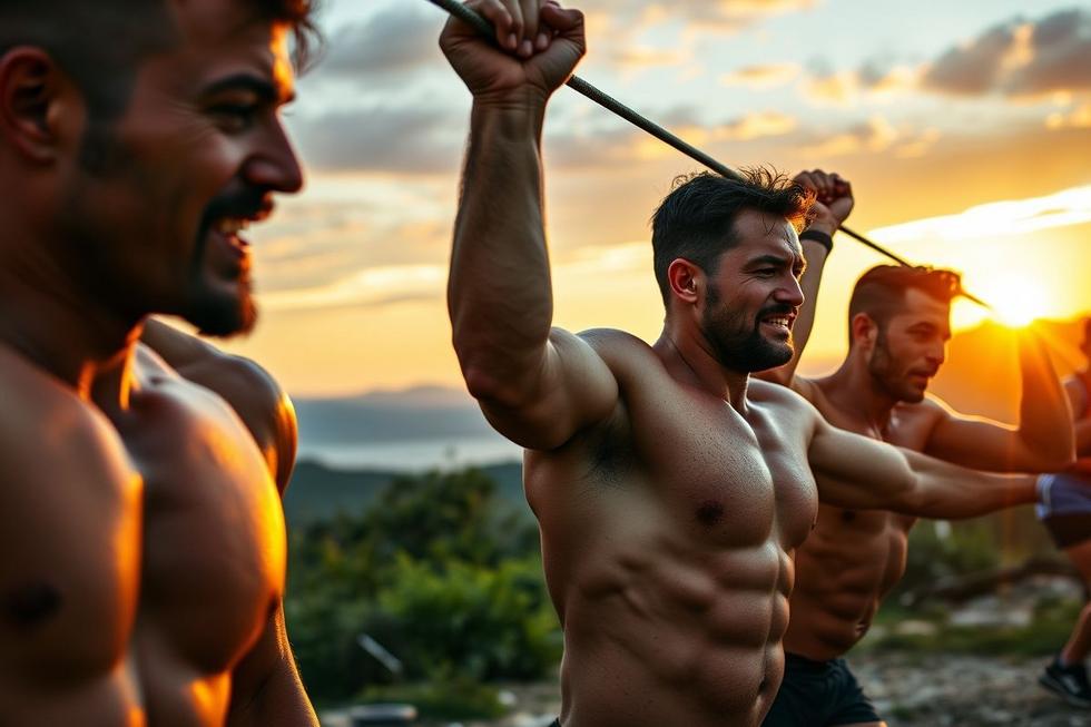 Pessoas adultas diversas treinando CrossFit ao ar livre ao amanhecer, mostrando esforço e concentração.