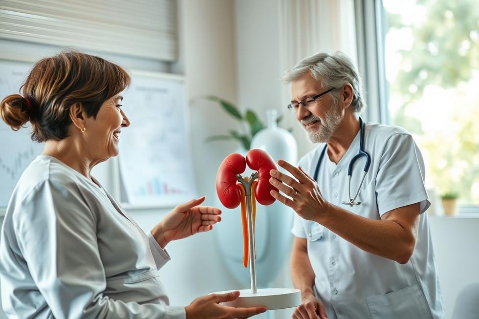 Paciente adulto e cuidador atentos e esperançosos diante de modelo de rins saudáveis em consultório.