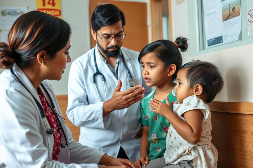 Médica explicando sintomas de dengue para mãe e criança, com foco nas manchas vermelhas