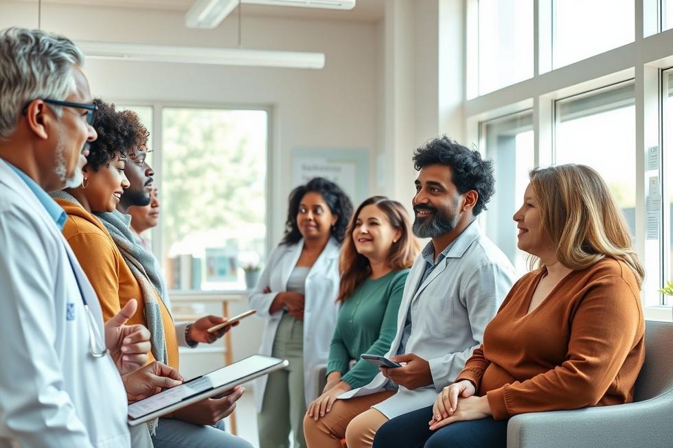 Grupo diversificado de adultos em consulta médica iluminada, discutindo estratégias para diabetes e controle do peso.