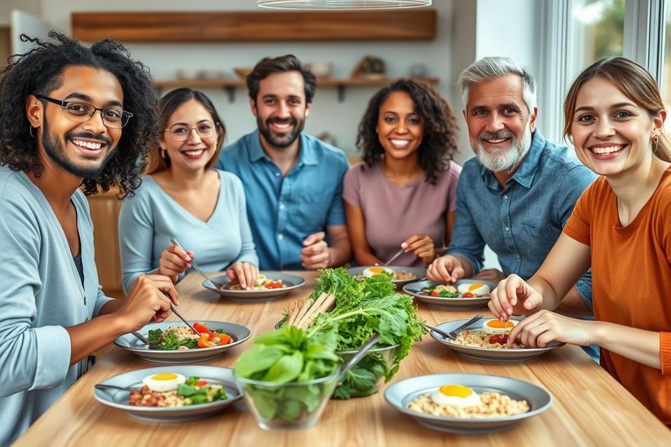 Grupo de adultos felizes consumindo uma refeição saudável com ovos e vegetais ao redor de uma mesa.