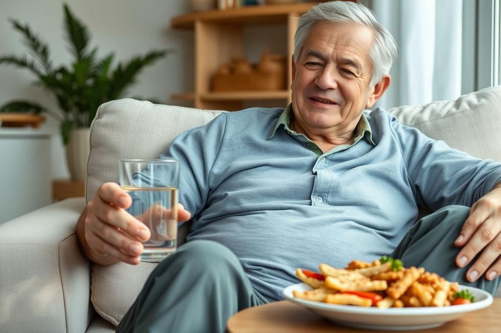 Imagem realista de adulto relaxado após alimentação rica em fibras e hidratação adequada para saúde digestiva.