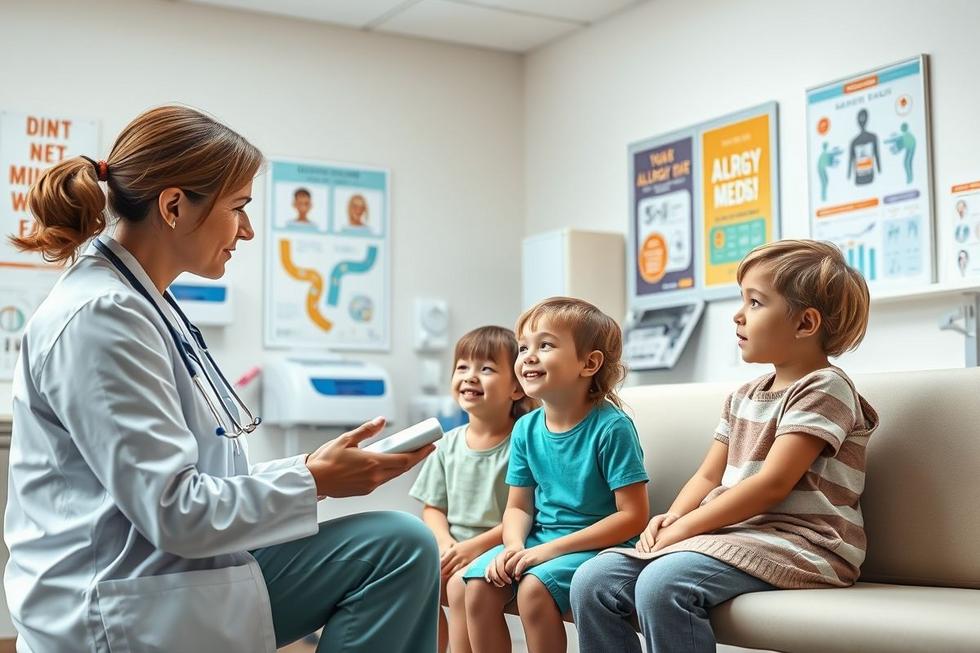 Família recebendo orientação médica para tratamento de alergias com dexclorfeniramina.