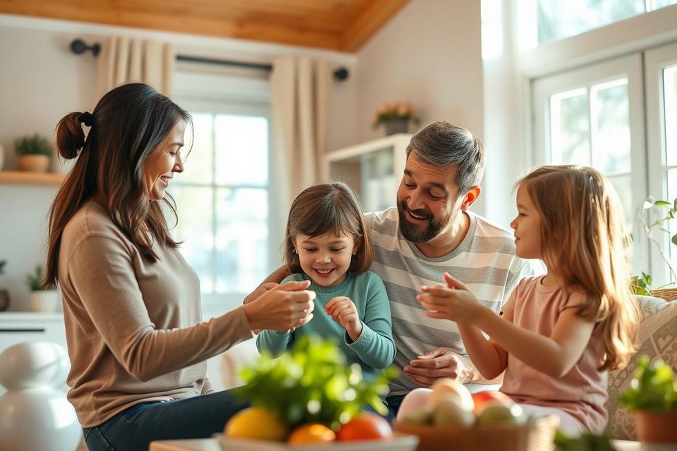 Família com pais e crianças em casa, simbolizando o cuidado e a preocupação com a saúde.