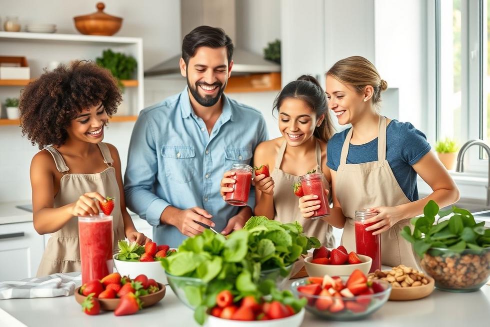 Família sorridente preparando receitas com morangos em cozinha iluminada, simbolizando saúde e bem-estar.