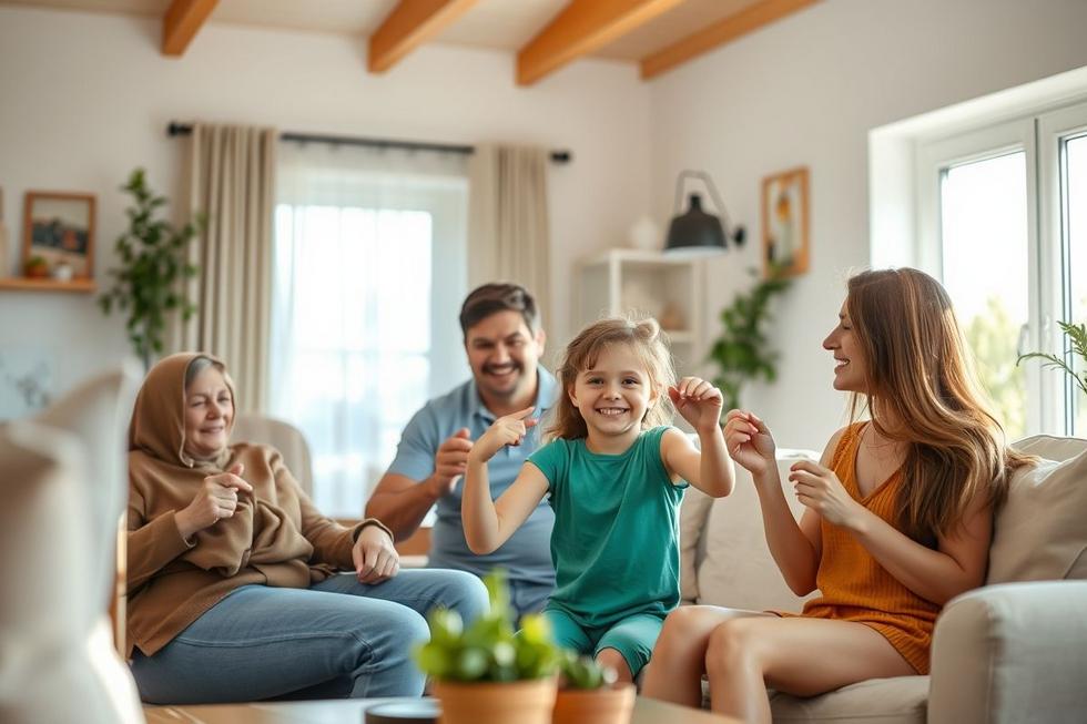Família sorridente em sala iluminada, representando saúde do sangue e bem-estar.