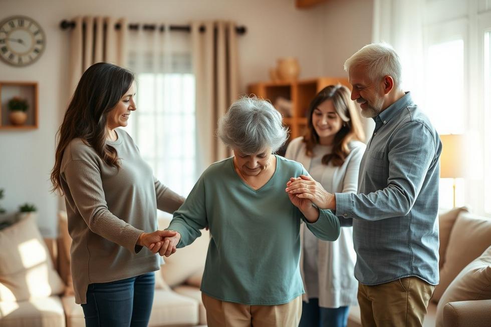 Grupo familiar unido ao redor de uma mulher, transmitindo suporte emocional na luta contra a fibromialgia.