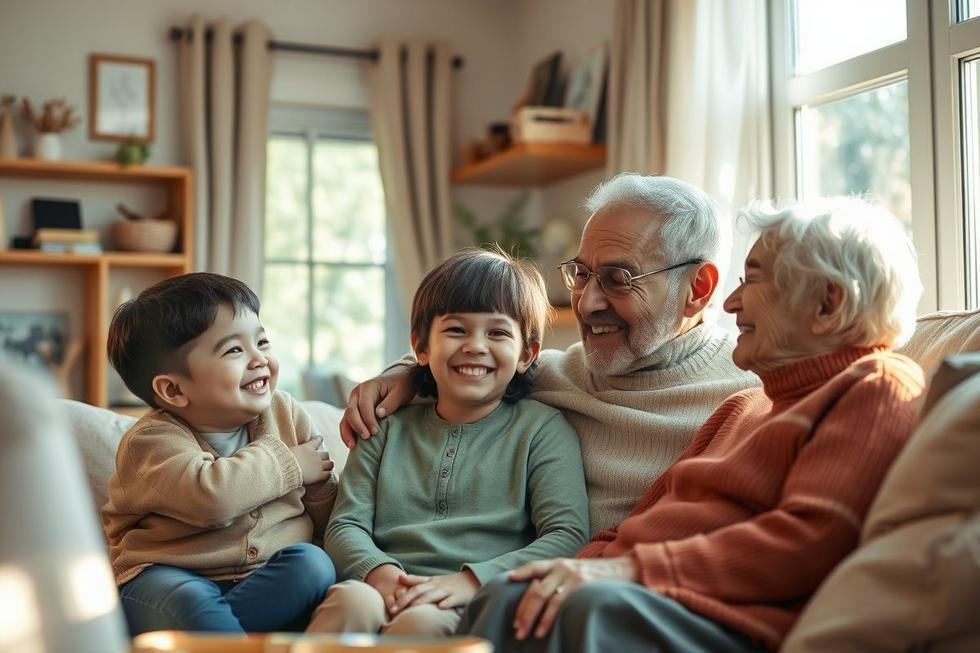 Família reunida com crianças e idosos em ambiente acolhedor, transmitindo cuidado e atenção aos sintomas.