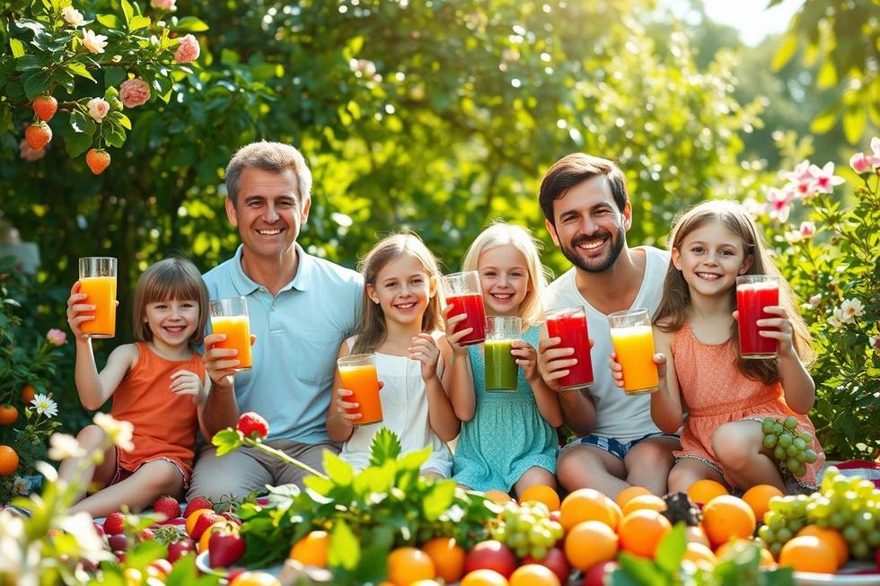 Pais e filhos felizes segurando copos de sucos naturais em um jardim ensolarado, transmitindo saúde e bem-estar.