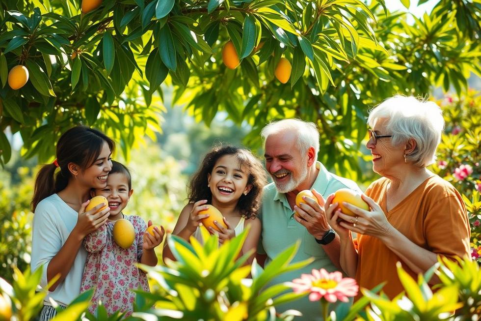 Imagem fotorrealista de família multicultural com adultos e crianças comendo mangas frescas em jardim ensolarado.