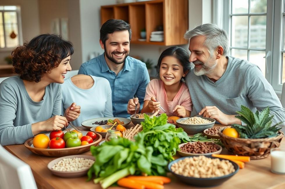 Família sorridente com crianças e adultos sentados à mesa com pratos coloridos cheios de alimentos integrais e vegetais.