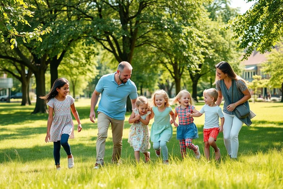 Família feliz brincando em um parque ensolarado rodeado de árvores e gramado verde.