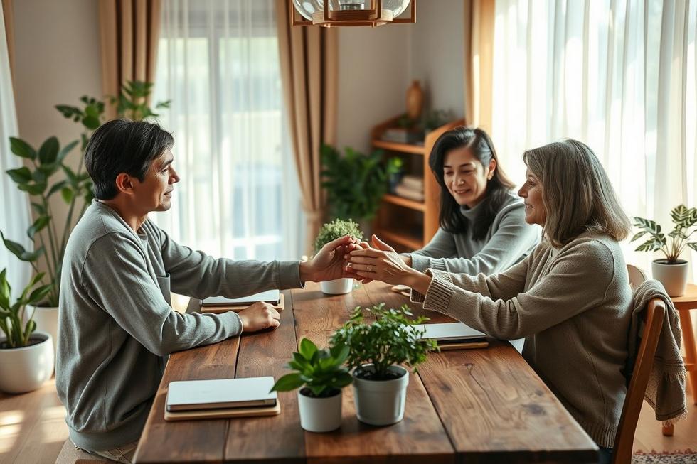 Cena fotorrealista mostrando família reunida apoiando um indivíduo com amnésia em ambiente acolhedor.
