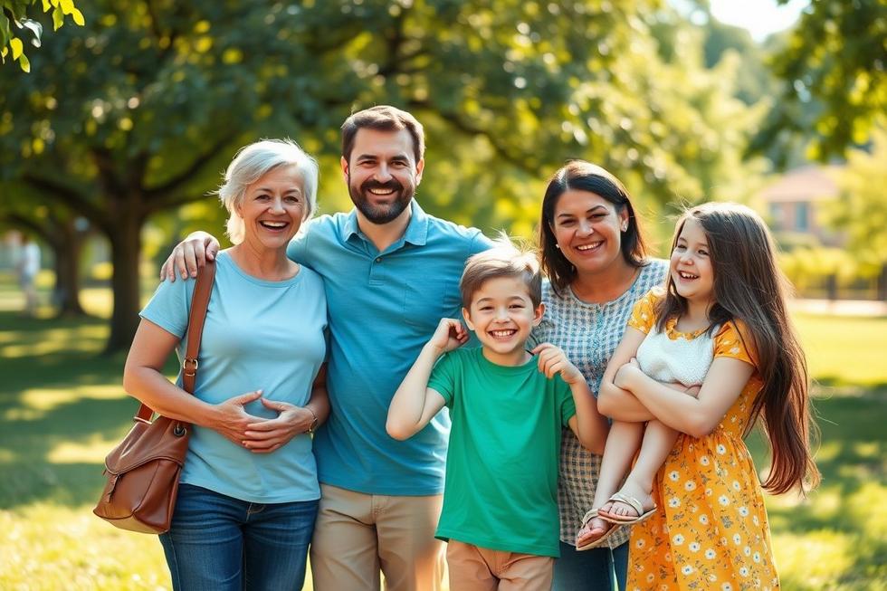 Família sorridente e saudável no parque celebrando a vacinação contra o sarampo.