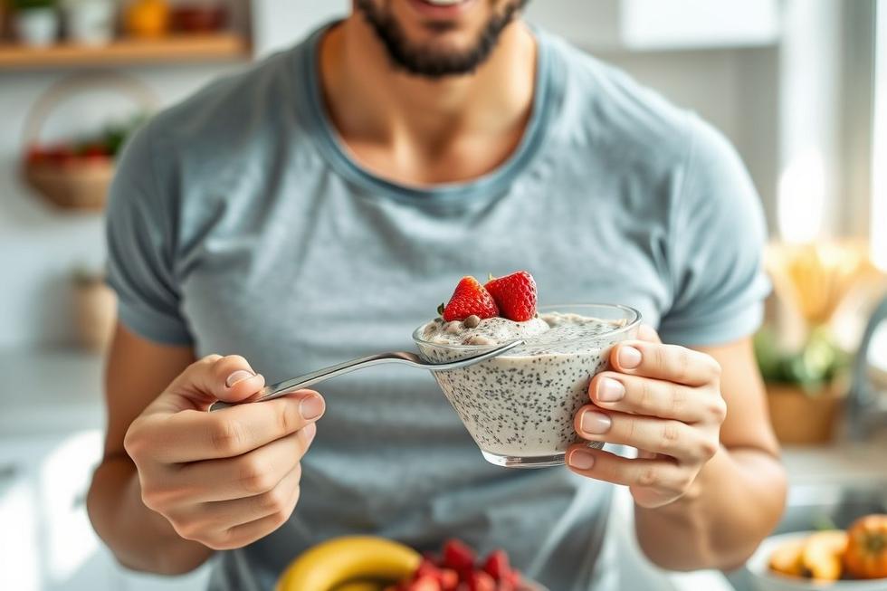 Pessoa segurando colher com pudim de chia em cozinha iluminada, representando saúde e bem-estar.