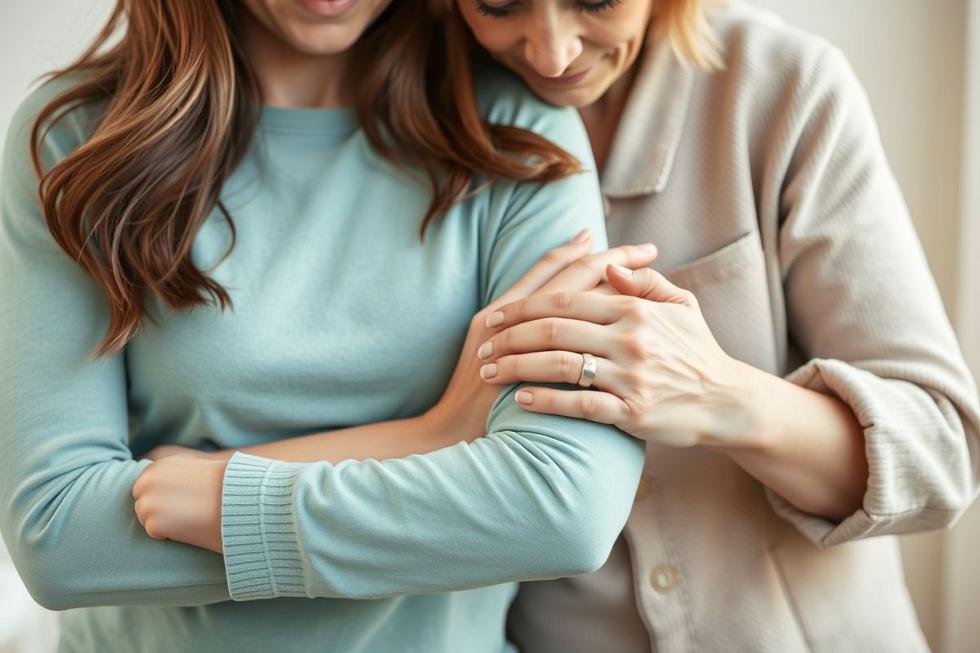 Imagem realista de uma pessoa recebendo apoio emocional e físico durante a dor da fibromialgia.