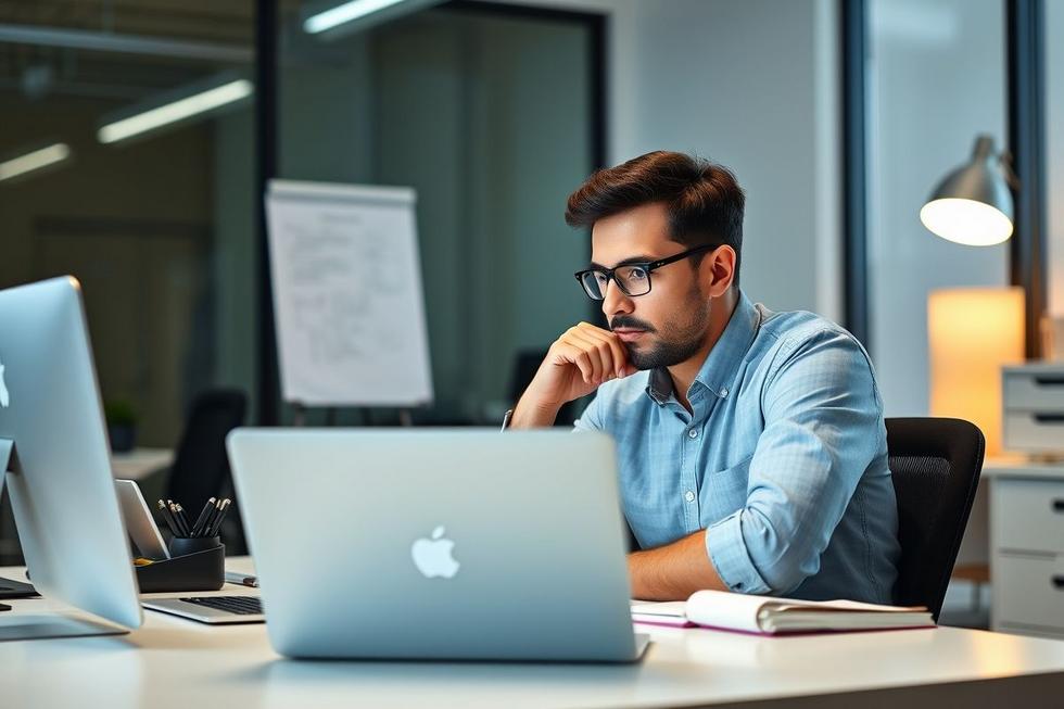 Profissional adulto concentrado trabalhando em mesa limpa com poucas distrações