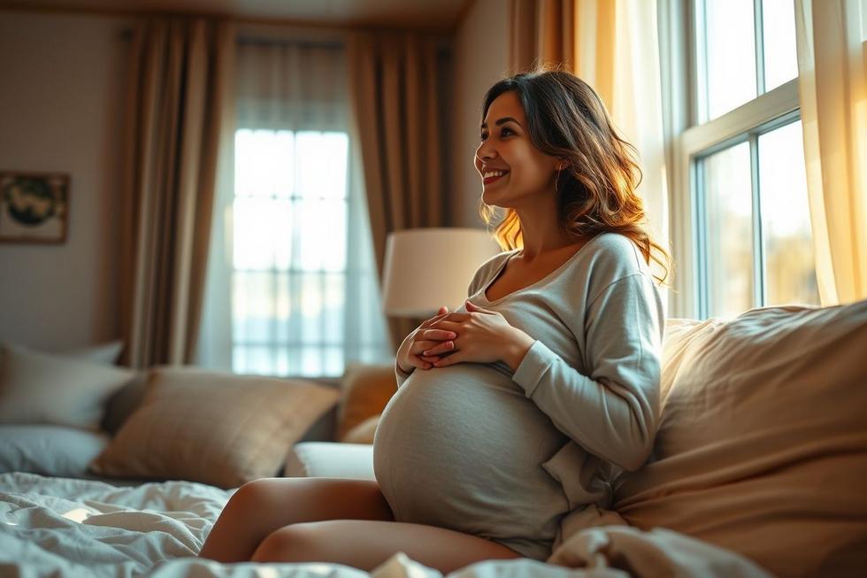 Gestante em ambiente acolhedor segurando a barriga com expressão calma e esperançosa