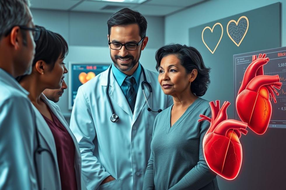 Imagem realista mostrando explicações sobre hipertrofia cardíaca entre médico e paciente.