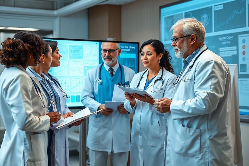 Profissionais de saúde diversos analisando dados médicos digitais em ambiente moderno clínico.