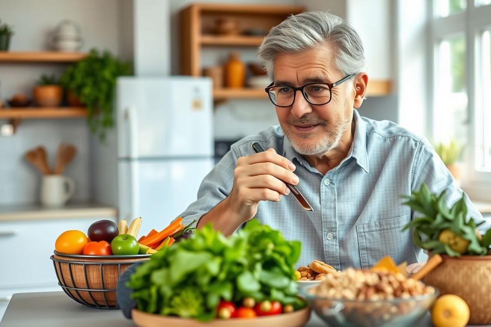 Adulto em ambiente de cozinha feliz consumindo uma refeição saudável e rica em fibras com legumes, frutas e cereais integrais.