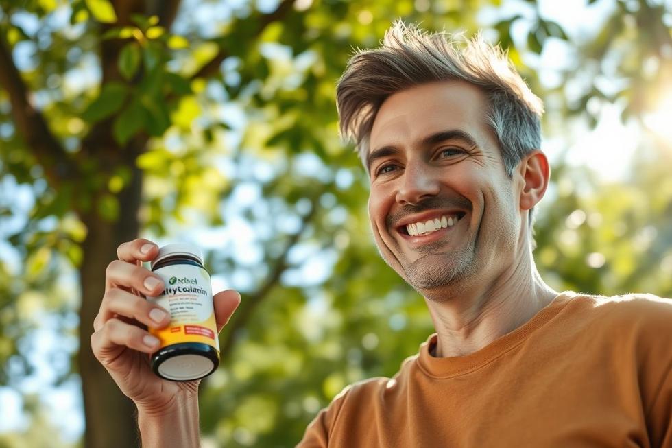 Imagem realista de um adulto saudável segurando um frasco de suplemento de metilcobalamina ao ar livre em meio à natureza.