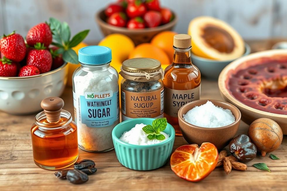 Diversas opções de adoçantes naturais dispostas em uma mesa com frutas frescas e refeição saudável.