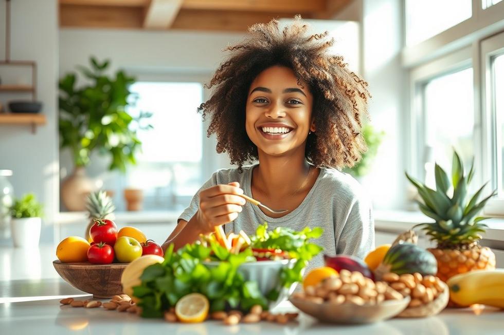Jovem sorridente comendo alimentos frescos e nutritivos em uma cozinha iluminada.