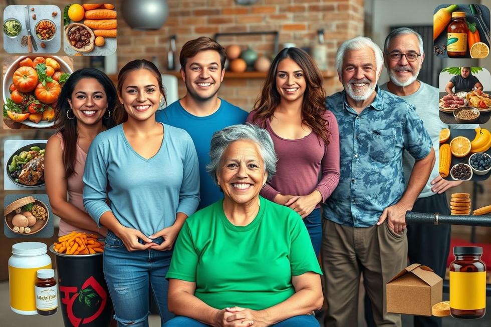 Adolescentes, adultos e idosos confiantes e saudáveis com suplementos, alimentos e equipamentos de exercício.