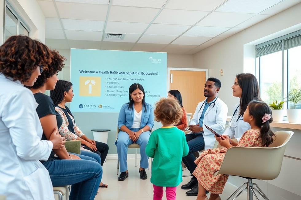 Grupo diverso em clínica moderna discutindo prevenção, diagnóstico e sintomas da hepatite viral.