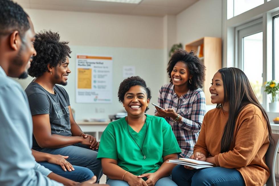 Jovens e cuidadores em clínica comunitária aprendendo sobre os sinais orais do HIV.