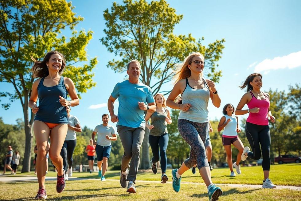 Adultos praticando exercícios físicos variados ao ar livre, simbolizando vida saudável