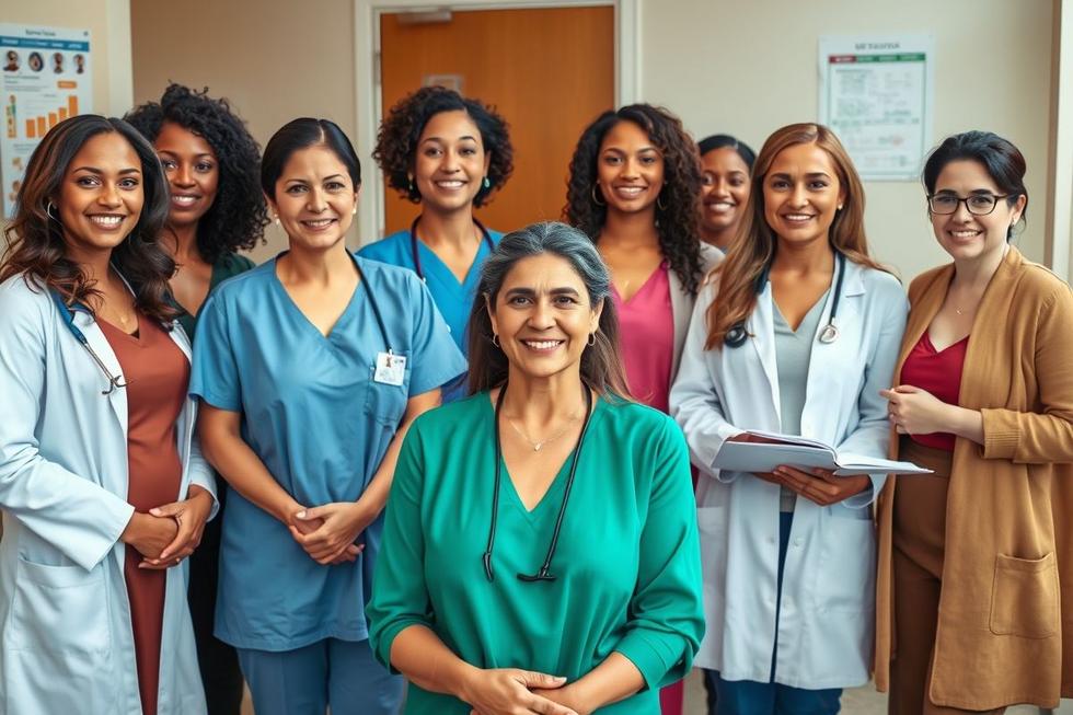 Fotografia fotorrealista de mulheres diversas interagindo com profissionais de saúde em ambiente clínico acolhedor.