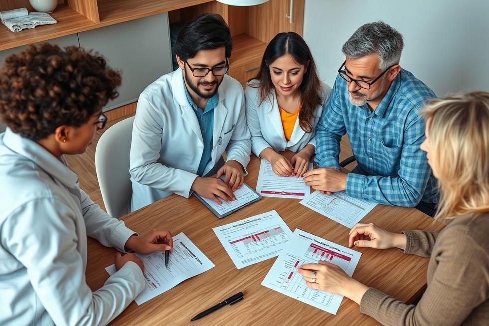 Pessoas analisando exames de sangue que mostram os níveis da proteína C reativa, promovendo compreensão e saúde.