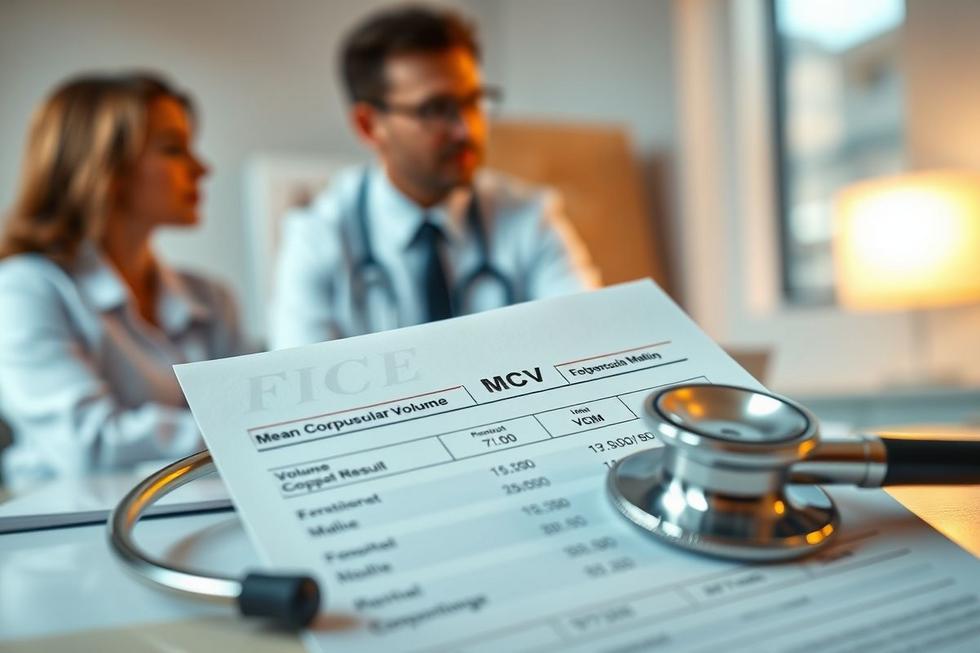 Imagem mostrando um relatório de exame de sangue com ênfase no VCM e uma consulta médica ao fundo.