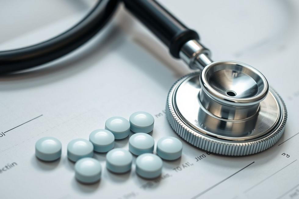 Comprimidos de ivermectina junto a um estetoscópio numa mesa clínica, representando o cuidado com a saúde.