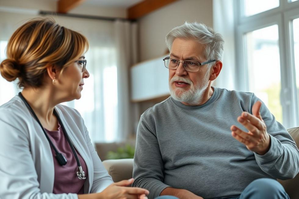 Adulto e cuidador sentados conversando sobre sintomas de infecção renal em ambiente residencial.