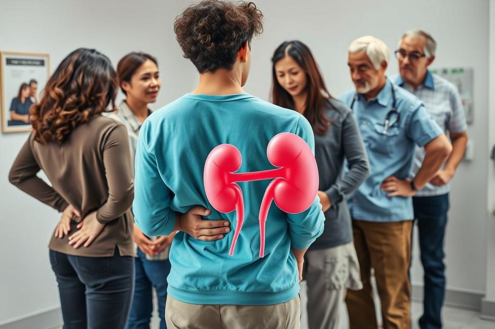 Imagem realista mostrando adultos segurando as costas e representação dos rins com pedras.