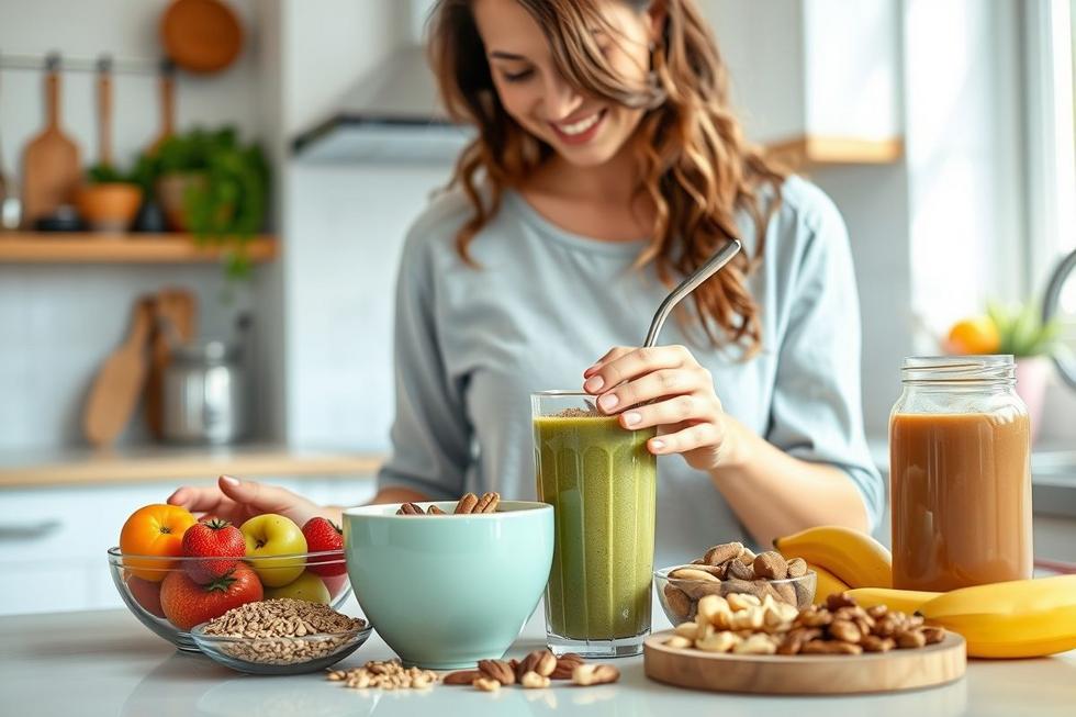 Mulher preparando uma refeição nutritiva com linhaça, frutas e smoothie em cozinha iluminada.